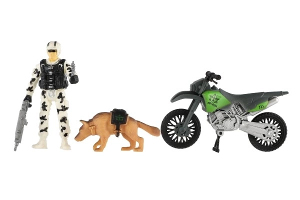 Zestaw wojskowy z plastikowym motocyklem, żołnierzem, psem i akcesoriami w pudełku 23x14x4cm