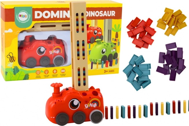Czerwony dinozaurowy pociąg na baterie budujący kolorowe domino