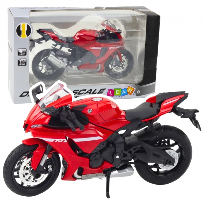 Sportowy metalowy motocykl czerwony z oświetleniem i dźwiękami R1 1:12