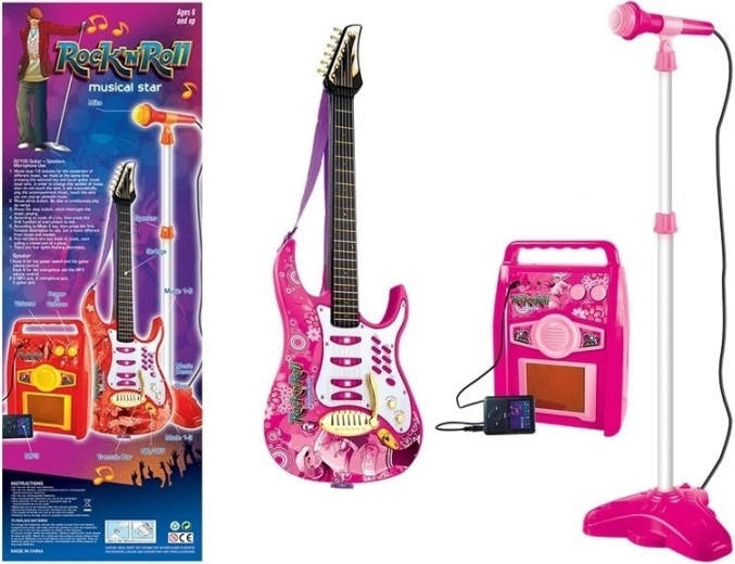 Różowa gitara elektryczna z mikrofonem i wzmacniaczem dla dzieci