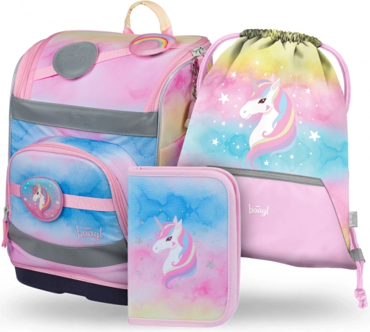 Zestaw 3 BAAGL Zippy plus Rainbow Unicorn: tornister, piórnik i worek
