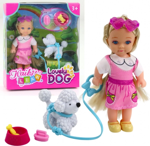 Mini lalka z pieskiem na smyczy i miską z kością