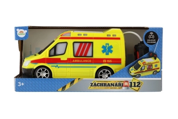 Auto RC ambulans plastik 20cm na zdalne sterowanie 27MHz na baterie ze światłem w pudełku 28x13x11cm