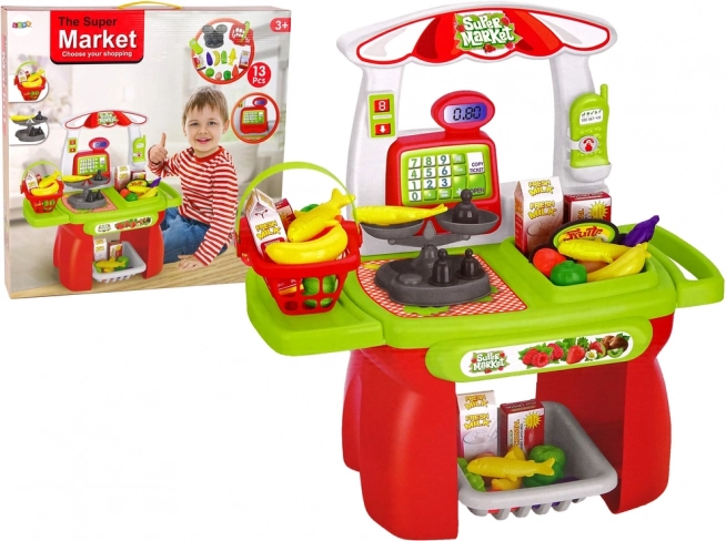 Dziecięcy supermarket – koszyk na zakupy, kasa, waga i artykuły spożywcze (zestaw 13‑elementowy)