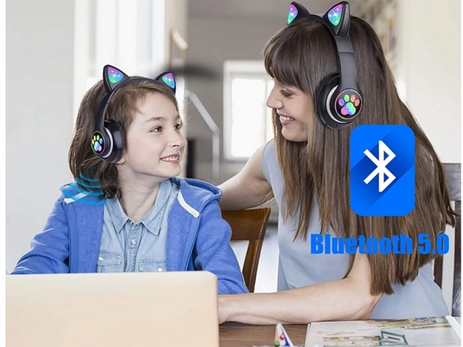 Bezprzewodowe słuchawki bluetooth radio fm mp3 kocie uszy led oświetlenie – Białe