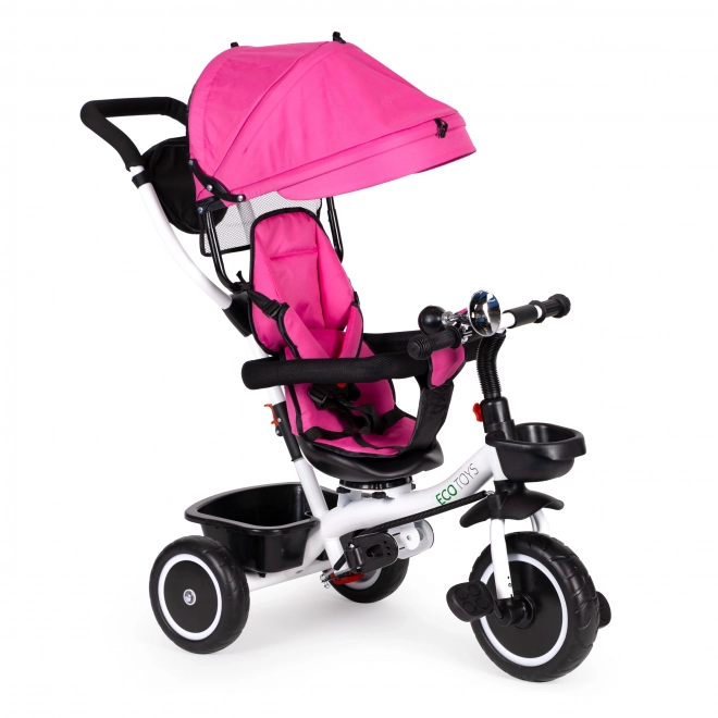 ECOTOYS Trójkołowy rowerek ze zadaszeniem i drążkiem do prowadzenia - różowy