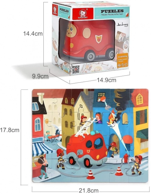 TOP BRIGHT Drewniane puzzle z zabawką: Wóz strażacki 24 elementów