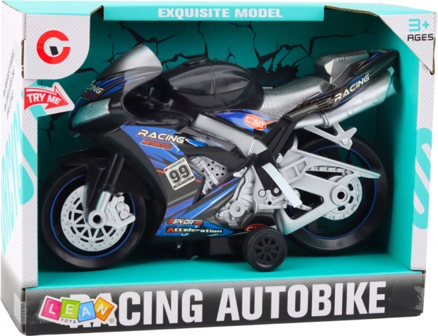 czarno-niebieski wyścigowy motocykl z efektami świetlnymi i dźwiękowymi