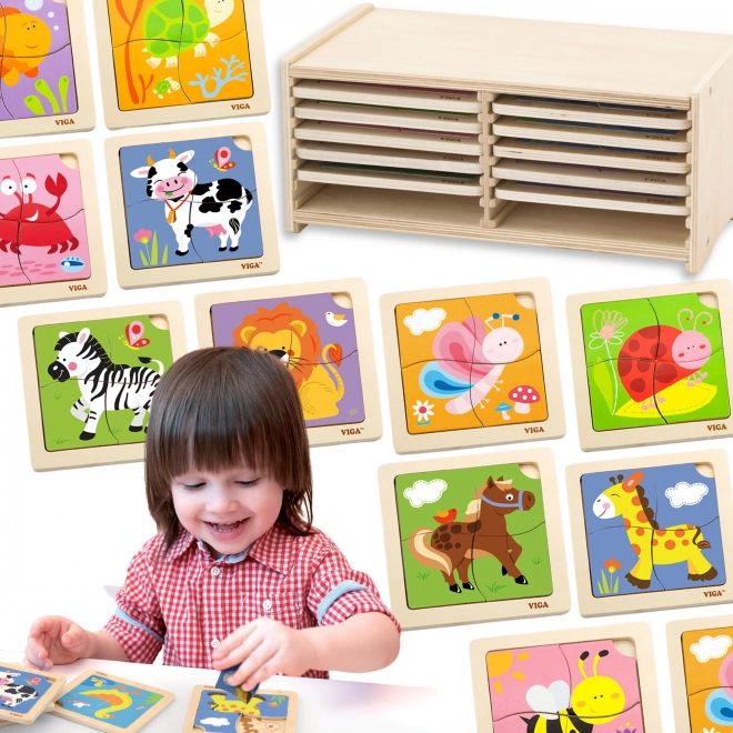 VIGA drewniane puzzle z 12 planszami w stojaku