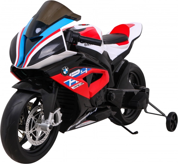 Dziecięcy motocykl elektryczny BMW HP4, czerwony z kółkami pomocniczymi, łagodny start, koła EVA i MP3 LED