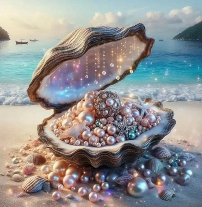 Malowanie diamentowe muszla ze skarbem 30x40 cm