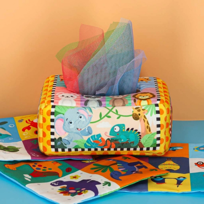 Montessori pudełko sensoryczne z kolorowymi chusteczkami i zwierzątkami