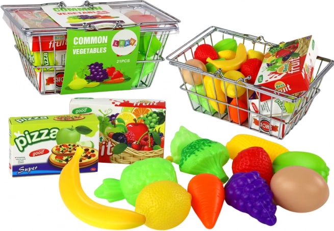 Dziecięcy koszyk na zakupy z produktami, metalowy