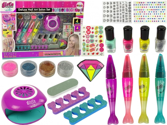 Duży zestaw do malowania paznokci Nail Pens Glitter Stickers Lamp