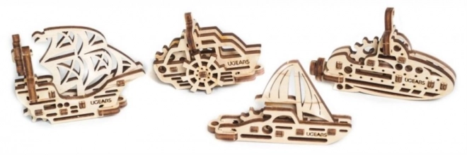 Ugears 3D drewniane mechaniczne puzzle - cztery mechaniczne breloczki