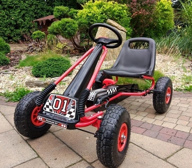 Pedałowy gokart powietrzny + Nadmuchiwane opony + Regulowane siedzenie – Czerwona