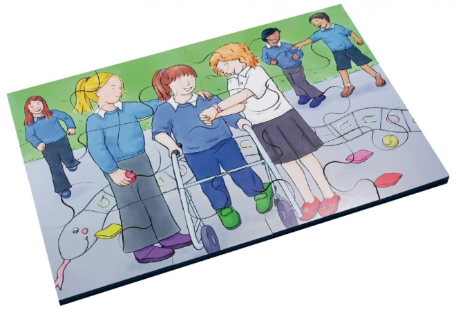 Drewniane puzzle 72 elementów z motywami inkluzyjności