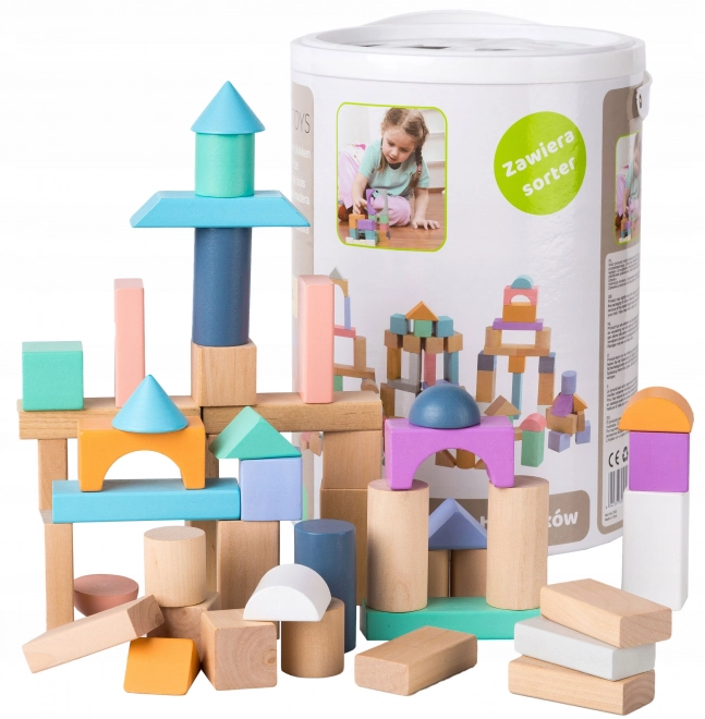 Drewniane klocki 100 sztuk w wiadrze z sorterem Ecotoys