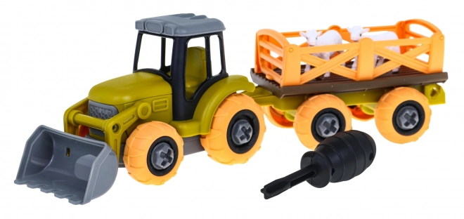 Odkręcany traktor z łyżką i przyczepą + śrubokręt + owce Zabawka dla dzieci 3+