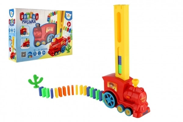 Lokomotywa/Pociąg domino układający plastikowy 16cm na baterie z dźwiękiem ze światłem w pudełku 33x23,5x8cm