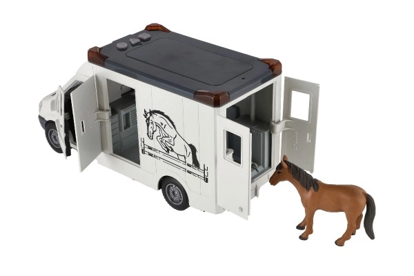 Auto do przewozu zwierząt plastikowy 28cm z koniem na mechanizm sprężynowy z światłem i dźwiękiem szare w pudełku 39x18cm