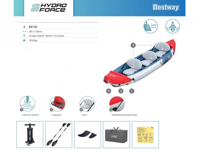 Dwuwarstwowy nadmuchiwany kajak Bestway Rapid X3 dla 3 osób z wiosłami i torbą