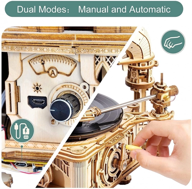 RoboTime 3D drewniane mechaniczne puzzle Gramofon (napęd ręczny)