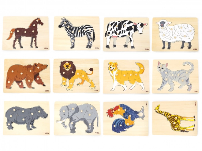 Zestaw drewnianych puzzli 12 zwierzątek Montessori z stojakiem Viga