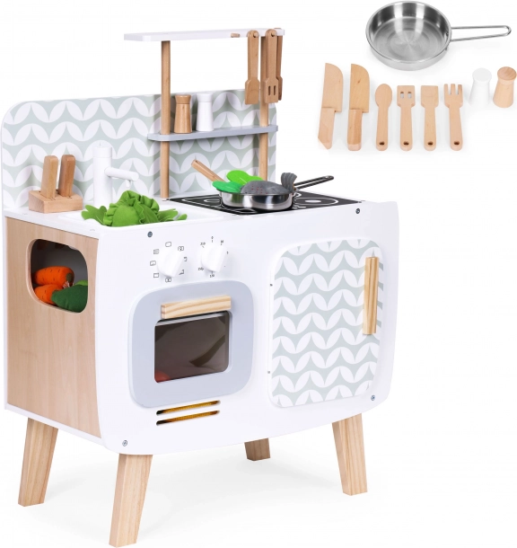 Drewniana dziecięca kuchenka retro z piekarnikiem, palnikami i zlewem ECOTOYS