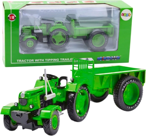 Metalowy traktor z przyczepą zielony 1:18