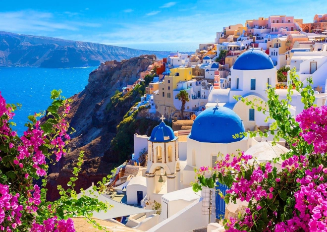 Puzzle Santorini z kwiatami, Grecja 1000 elementów