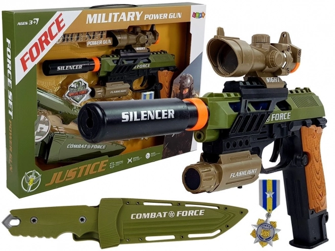 Zestaw wojskowy Pistolet Karabin Nóż Medal Cel Dźwięk