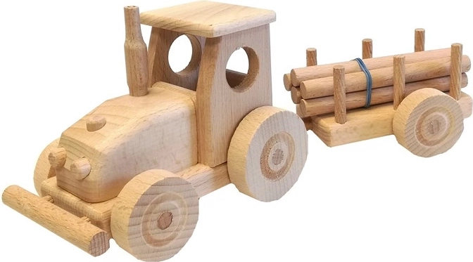 Drewniany traktor z przyczepą dla dzieci