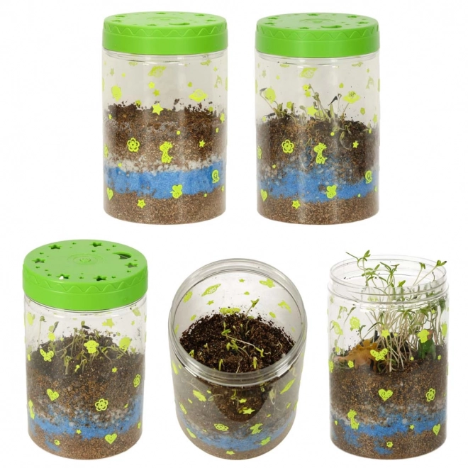 Terrarium do uprawy roślin z lampą LED i dinozaurami