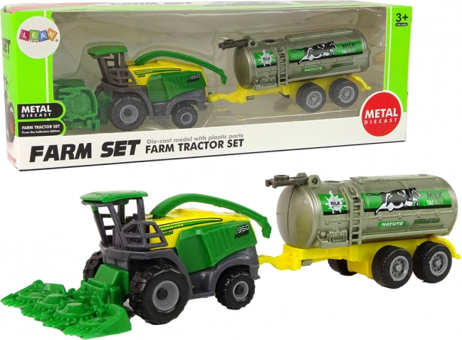 plastowy traktor farmerski z zieloną przyczepą na mleko