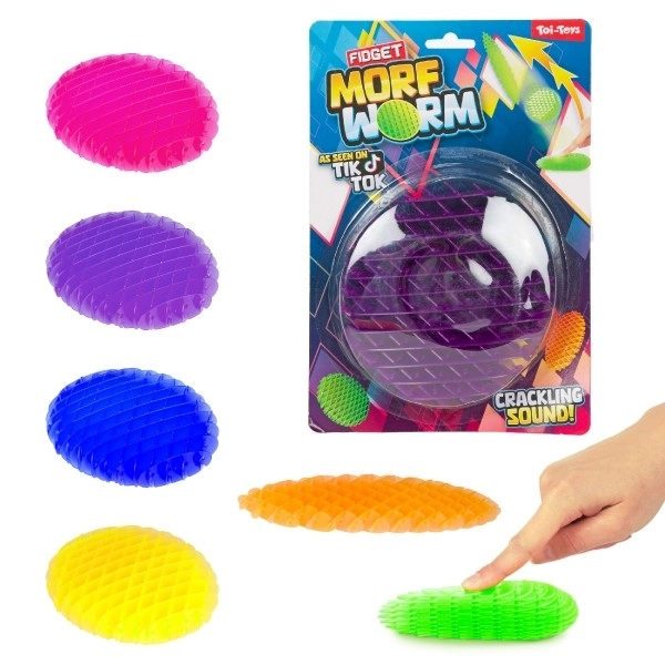 Fidget robak zmieniający kształt antystresowy plastik 13cm 6 kolorów na karcie