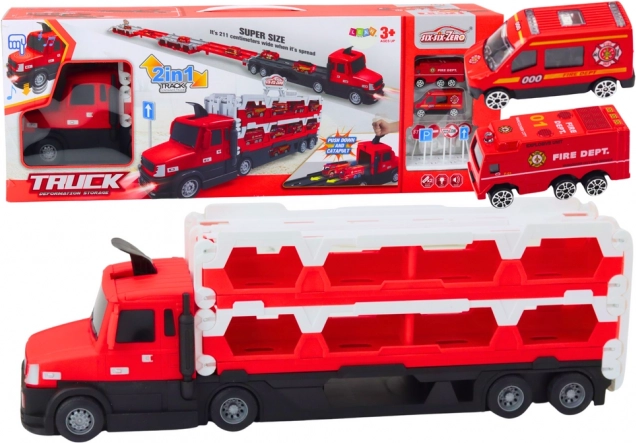 Ciężarowy autotransporter 2w1 z wysuwaną torem wyścigowym, światłami i dźwiękami – czerwony