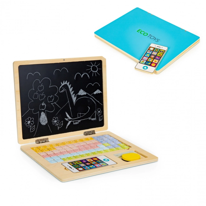 ECOTOYS Drewniany notebook z magnetycznym monitorem - niebieski