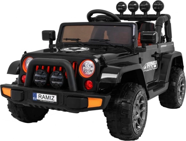 Dziecięcy elektryczny samochód terenowy Full Time 4WD z napędem 4x4, zdalnym sterowaniem i oświetleniem LED – czarny