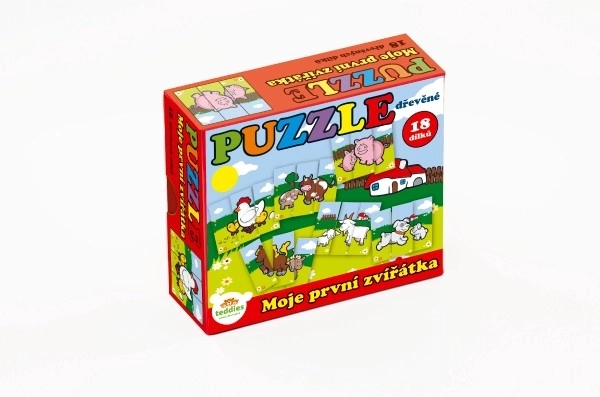 Puzzle Moje pierwsze zwierzątka drewniane 18 elementów dla najmłodszych w pudełku 13x11,5x4,5cm 12m+ MPZ