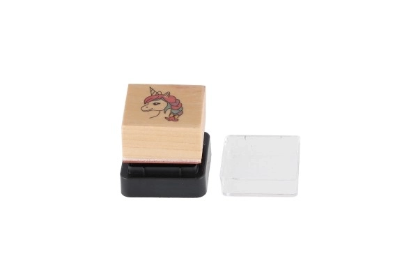 Drewniane pieczątki 5+1 z poduszką jednorożce 3x3cm na karcie