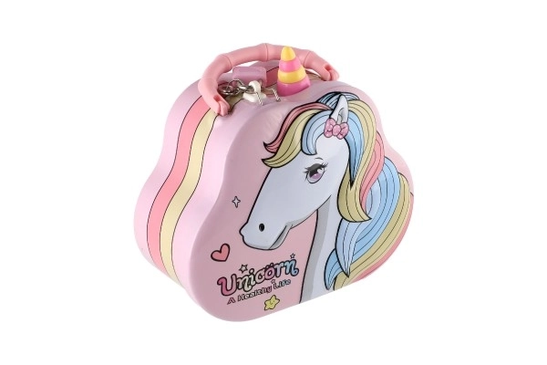 Skarbonka torebka jednorożec metalowa z zamkiem 15x14cm 3 kolory w plastikowym pudełku