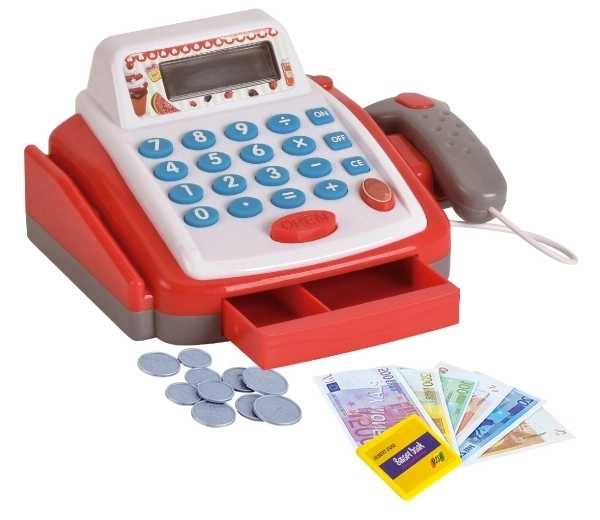 Mała kasa cyfrowa plastikowa 18cm z akcesoriami na baterie ze światłem i dźwiękiem w pudełku 22x15x18cm