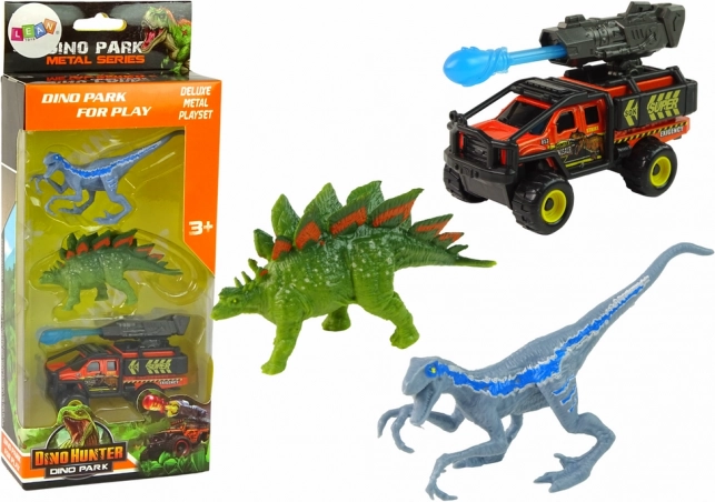 Zestaw dinozaurów z samochodem terenowym i wyrzutnią rakiet – niebieski