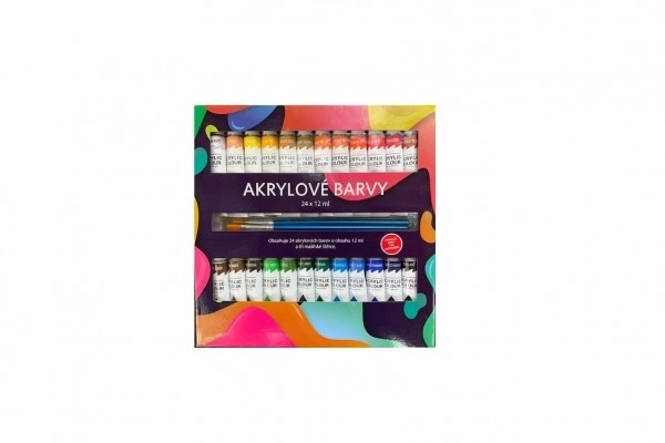 Farby akrylowe 24x12ml z pędzlami 3 szt. również na ceramikę, szkło, kamienie w pudełku 22x22x2cm