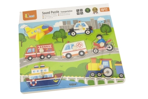 Drewniane puzzle dźwiękowe z motywem środków transportu Viga