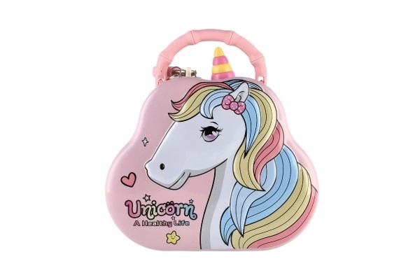 Skarbonka torebka jednorożec metalowa z zamkiem 15x14cm 3 kolory w plastikowym pudełku