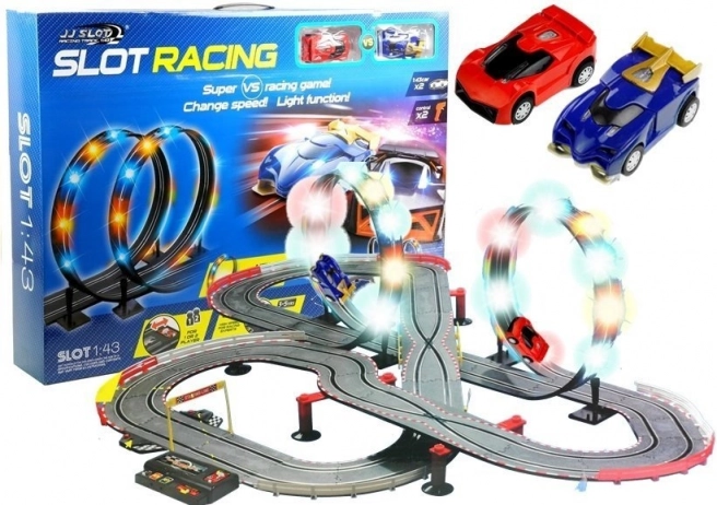 Wyścigowy zestaw slot-car z pętlami LED 1:43, 2 auta