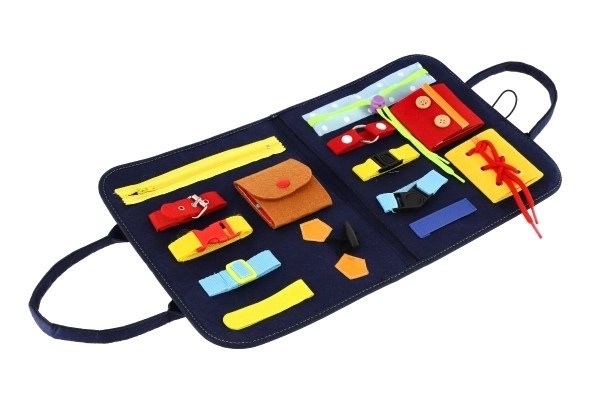 Edukacyjny piórnik filcowy zapinany na zamek i guziki w woreczku 24x27x4cm