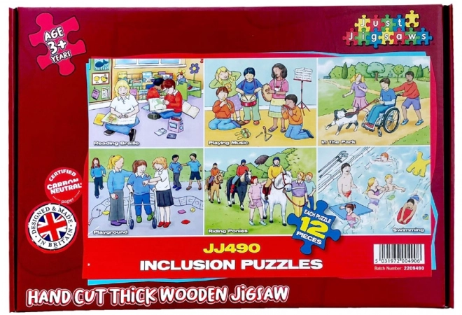 Drewniane puzzle 72 elementów z motywami inkluzyjności